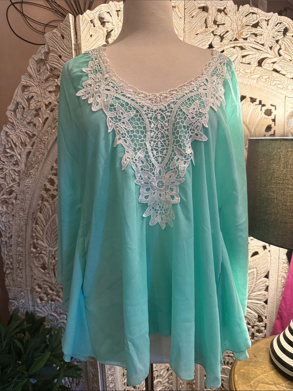 Women's Mint Green Lace-Trim Peasant Tunic